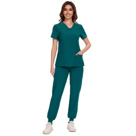 COZYFIT Scrubs for Women - V-Neck Top & Cargo Pants Scrubs Set with 10 Pockets - Caribbean Blue, L