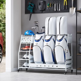 Lauren&Harold 3 Golf Bag Organizer Garage Storage, Golf Storage Rack Stand Fits 3 Golf Bags, Golf Clubs and Other Golfing Equipment Accessories, Large Golf Organizer for Garage, Club, Basement, White