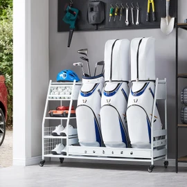 Lauren&Harold 3 Golf Bag Organizer Garage Storage, Golf Storage Rack Stand Fits 3 Golf Bags, Golf Clubs and Other Golfing Equipment Accessories, Large Golf Organizer for Garage, Club, Basement, White