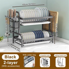 Bepatio 2 Tier Dish Drying Rack,Stainless Steel Dish Rack With  Drainboard & Utensils Holder,Over Sink Rack Kitchen Dish Drying Rack,Kitchen Organizer - Model: 2 Layer