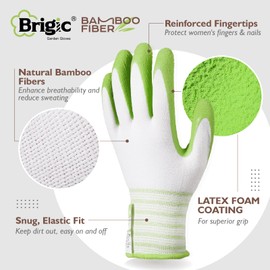 Brigic Bamboo Gardening Gloves 2 pair, Breathable Rubber Coated, Outdoor Work Garden Gloves For Women, Green & Purple (Large)
