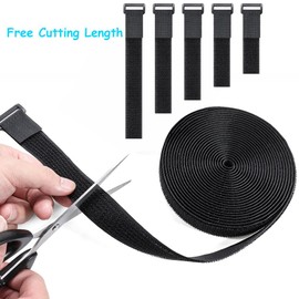 16Ft 1 In Adjustable Cable Straps with 25 Buckles, Free Cut Length Black Reusable Fastening Cable Ties, Heavy Duty Hook and Loop Securing Strap for Cable Wire Management Cord Wraps (1 Inch)
