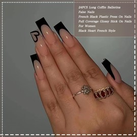 24PCS Long Coffin Ballerina False Nails - French Black Plastic Press On Nails - Full Coverage Glossy Stick On Nails For Women (Black Heart French Style)