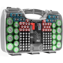 THE BATTERY ORGANISER Storage Case with Tester, Stores & Protects Up to 180 Batteries, Hinge Clear Cover with Locking Lid, Garage Gadget Organization Holds AA AAA C D and More, Gray