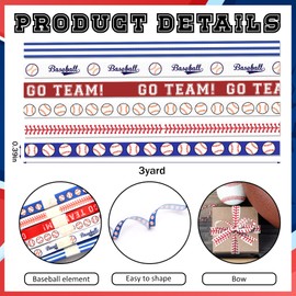 Estivaux 6 PCS Sports Baseball Ribbons for Crafting, 3/8" Width Grosgrain Ribbon Blue Red Stripes Ribbon Sports Roll Balls Craft Ribbons for Sports Party Decor Sewing DIY Crafts Supplies