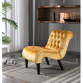 Comfy Velvet Accent Chair, Upholstered Armless Side Chair for Living Room, Modern Small Lounger with Tufted Back and Rolled Edge Design, Comfy Reading Chaise Lounge with Solid Rubber Wood Legs, Yellow