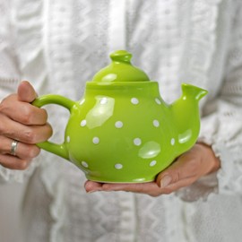 City to Cottage® - Teapot Coffee Pot for 2 Cups | Green and White | Polka Dots | Handmade | Teapot Ceramic Tableware | 750 ml