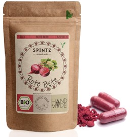 SPINTZ® 180 Organic Beetroot Capsules - High Dose Beetroot Tablets - 720 mg Organic Beetroot Powder per Capsule from Organic Cultivation - Vegan - Sustainable and Plastic-Free Packaging