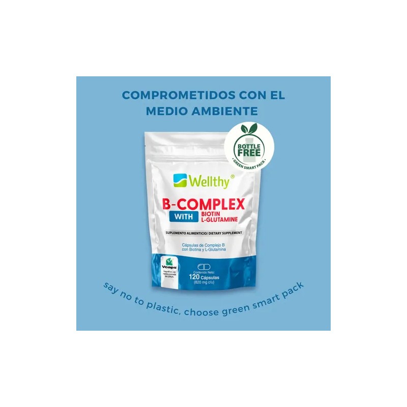 Complejo B Con Glutamina Y Biotina, 120 Cápsulas Wellthy