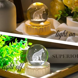 2.36in. 3D Cat with Butterflies Crystal Ball Gifts for Women Cat Lovers, K9 Crystal Decorative Ball Engraved Cat Paperweight with LED Light Base for Home Ornament