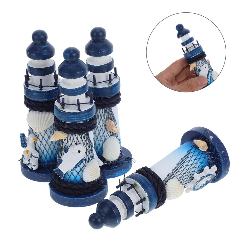 Ipetboom 4pcs Mediterranean Style Mini Wooden Lighthouse Ornaments Nautical Home