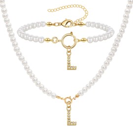 ZENGSING Women's Initial Pearl Necklace Bracelet Set Pearl Jewellery Set for Women Adjustable A-Z Capital Initial Pendant Pearl Necklaces Pearl Bracelet with Initial Christmas Gifts for Women (L)