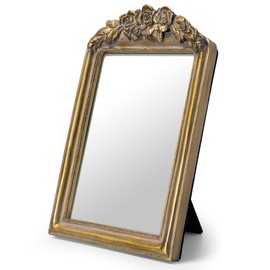 GUOER Vintage Vanity Desk Makeup Mirror Small Antique Gold Decorative Wall Mirror Resin Carved Arch Table Mirror with Stand for Living Room,Bedroom Dresser,Desktop Decor 5" x 7" ﻿