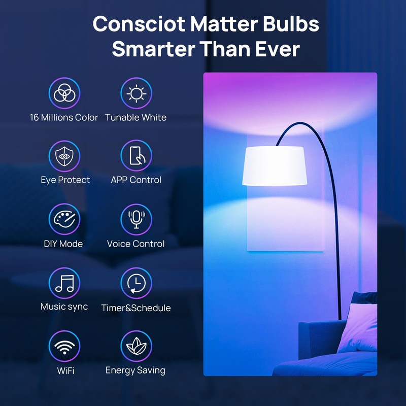 Consciot Smart Light Bulbs, WiFi Bluetooth Color Changing LED Light