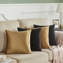 GIGIZAZA Set of 4 Velvet Cushion Covers 40x40CM Black Gold Throw Pillow Covers Decorative Luxury Pillows Square Pillowcases Soft Cushions Covers for Living Room