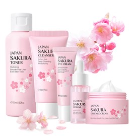 Cecelia May Skincare Set, Skin Care for Teenage Girls Gift Set - Cleanser, Toner, Serum, Eye Cream, Essence Serum, Skin Care Sets & Kits for Pores, Moisturing Skin, Women Gift Sets (5Pcs-Sakura)