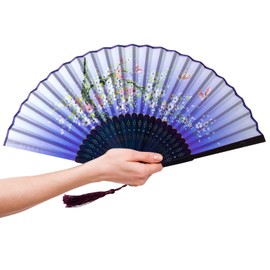 TAIYOU Pack of 3 Folding Hand Fan Hand Folding Fans 3 Colours Bamboo Handheld Folding Fan Asian Style Folding Fans with Tassel for Gifts Wall Decoration Party Dance Evening Green Blue Purple