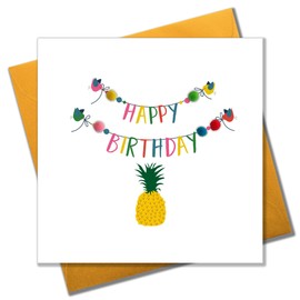 Pom Pom Birdies/Bunting/Pineapple Happy Birthday" Greeting Card", POM007, beige|oak