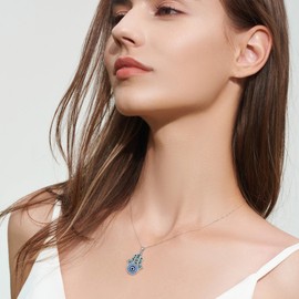 CUPENDA Hamsa Hand Evil Eye Necklace Sterling Silver Hand of Fatima Evil Eye Pendant Good Luck Jewellery for Women, Sterling Silver, No Gemstone