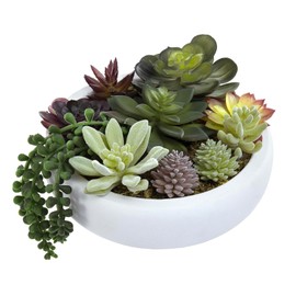 MyGift- Maceta Redonda en Color Blanco, Incluye arreglo Artificial para suculentas Mide (Aproximadamente) 20.3cm, Centro de Mesa Comedor, Plantas Artificiales Decorativas hogar