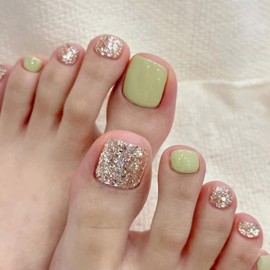 24Pcs Matcha Green Press on Toenails for Women Toe Nail Press ons Short Square Fake Toenails with Gold Glitter Designs Fake Toe nails Summer Manicure Glossy Toenail Press on nails