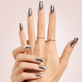 24Pcs Mirror Glossy Silver Press On Nails Medium Square Reusable Solid Fake Nails Stick on Nails Glue on Nails Acrylic Nails Spring Summer Exquisite Static False Nails with Designs for Women 1329