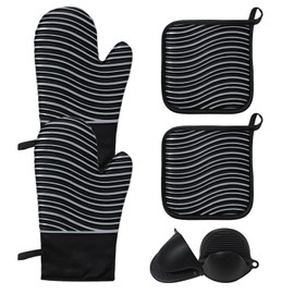Oven Mitts & Pot Holders Set 6pcs - Premium Non-Slip Silicone Surface, 500°F Heat Resistant Kitchen Mitts for Cooking & Baking, Includes Extra Long Oven Mitts + Mini Pinch Mitts & Potholder (Black)