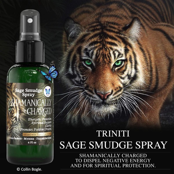 Blue Morpho Triniti Palo Santo Sage Smudge Spray - Negative Energy Cleansing Protection Spray with Tiger’s Eye Crystals