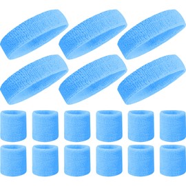Macepason 18 Pieces Sweatband Set Headband Wristband Set Sports Sweatbands Set Striped Sweatband Set 80s Sweatbands 90s Headband 70s Headband for Women (Blue)
