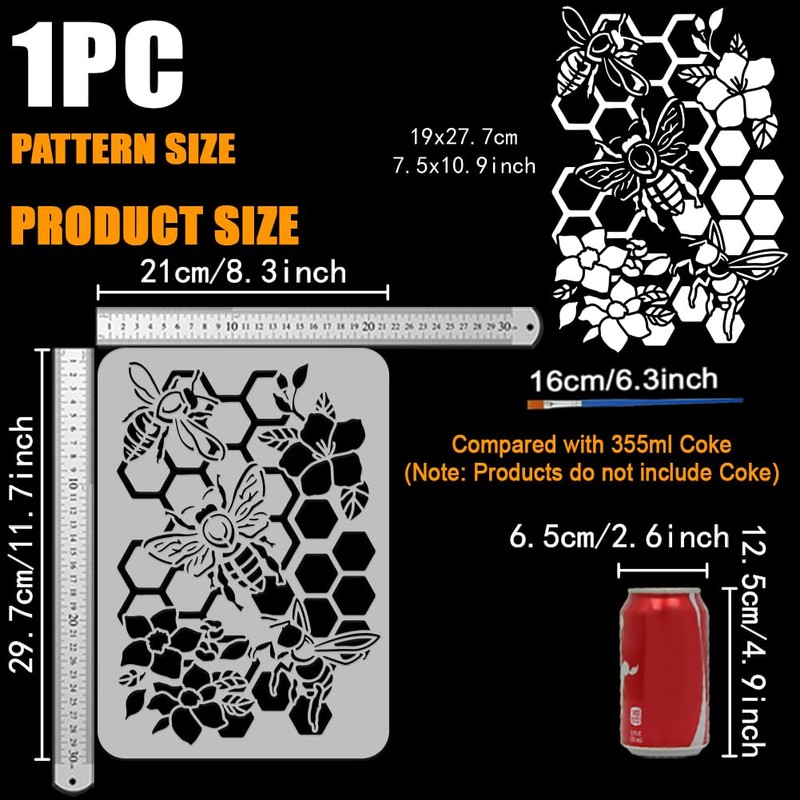 FINGERINSPIRE Beehive Stencils with Paint Brush, 11.7x8.3Inch Honeybee Pattern, Spring