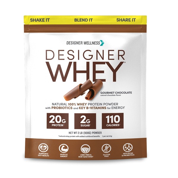 Designer Wellness, Designer Whey, Natural Protein Powder with Probiotics, Fiber, and Key B-Vitamins for Energy, Gluten-Free, Gourmet Chocolate, 2 lb