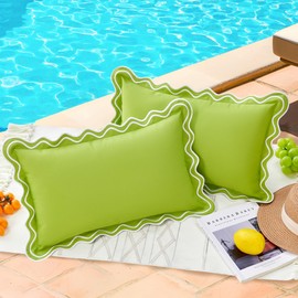 12x20 Sage Green Scalloped Outdoor Lumbar Pillow Covers Waterproof & Sunproof Set of 2, Embroidered Green Decorative Outdoor Pillows for Porch & Patio Furniture, Preppy Decor Aesthetic Lumbar Pillows