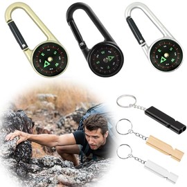 6 Pcs Compass Keychains,Mini Compass,Contains 3Pcs Life-saving Whistles For Summer Outdoor Hiking Hunting Travelling