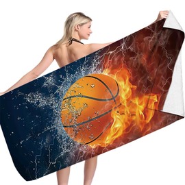 ZPSOSPZ Basketball Print Beach Towel, Soft Microfiber Towel with Cool Fire, Quick Dry Microfiber Soft Towel Outdoor Travel Beach Towel for Adults Kids for Bathroom Pool Travel Swim