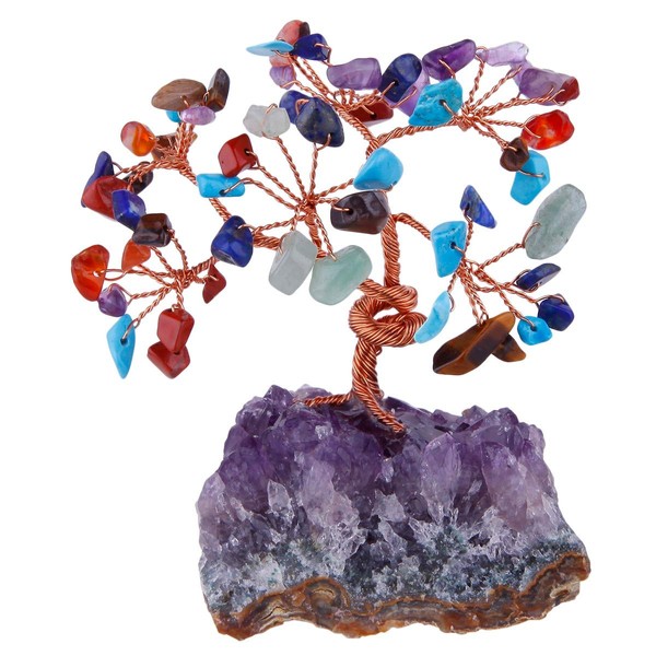 SUNYIK Rainbow Crystal Money Tree on Amethyst Base, Handmade Tumble Chip Stone Bonsai Sculpture Figurine Decoration for Wealth and Luck Size 2.7-4.5 Inches