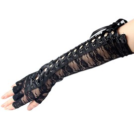 HeiBai Xiong Goth Gloves For Women Lace Up Punk Arm Warmer Fingerless Emo Sheer Mesh Gloves