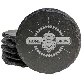 Beer Lover Gift: Rustic Slate Coasters - "Home Brew" Logo - Round Slate - set of 8