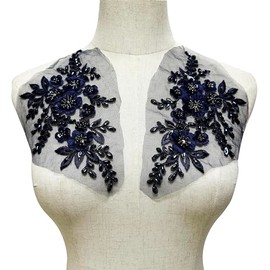 MMvolesy - 1 par de apliques de encaje bordado con lentejuelas 3D, azul marino, 21 x 12 cm, 2 piezas, rectangulares, floral decorativo, sew-on