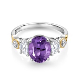 Gem Stone King 925 Silver and 10K Yellow Gold 3-Stone Ring Oval Purple Amethyst and Moissanite (2.10 Cttw) (Size 7)