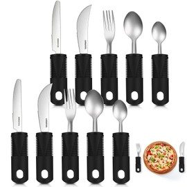 Uiifan 2 Set (10 Pcs) Adaptive Utensils for Hand Tremors, Elderly, Arthritis, Parkinsons Stainless Steel Easy Grip Handles Non Weighted Built up Utensils for Adults Hands Tremors Elderly, Black