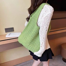 Clapoyis Large Capacity Knit Tote Bag, Shoulder Bag, Knitting, Crochet, green