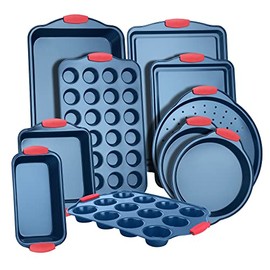 10-Piece Nonstick Bakeware Set - PFOA, PFOS, PTFE-Free Carbon Steel Baking Trays w/ Heatsafe Silicone Handles, Oven Safe Up to 450°F, Pizza Loaf Muffin Round/Square Pans, Cookie Sheet