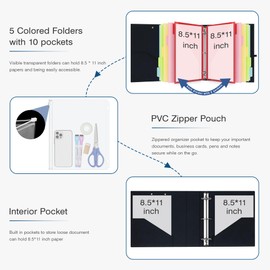 Ospelelf 2 Inch 3 Ring Binder Organizer with Zipper Pouch, Black Clipboards with Storage (8.5" x 11"), 5 Plastic Dividers with 10 Pockets, Linen Hardcover Binder for School, Office