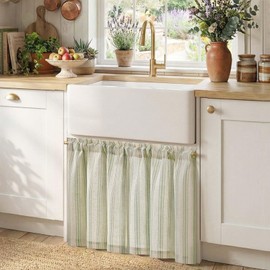 jinchan Striped Linen Kitchen Curtains 24 Inch Cafe Tier Curtains Balanced Stripe Farmhouse Small Drapes for Bathroom Laundry Over Sink Half Window Light Filtering 2 Panels Sage Green on Linen