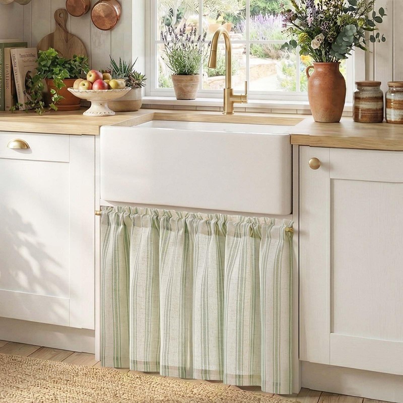 jinchan Striped Linen Kitchen Curtains 24 Inch Cafe Tier Curtains