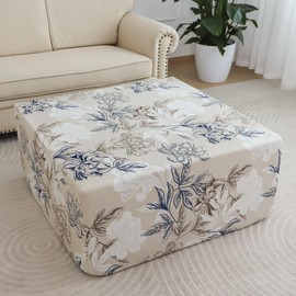 EVOLLER Stretch Square Ottoman Cover 50x50x18 inches Waterproof Floral Foot Stool Ottoman Slipcover for Living Room Washable Removable