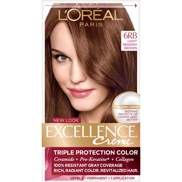 L'Oreal Paris Excellence Creme Permanent Hair Color, 6RB Light Reddish Brown, 100 percent Gray Coverage Hair Dye, Pack of 1