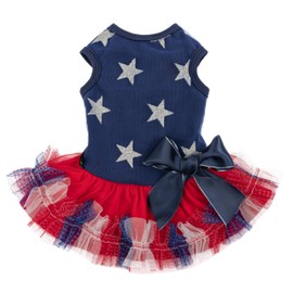 Fitwarm Patriotic Sparkly Stars Dog Dress, 4th of July Clothes for Small Dogs Girl, Pet Outfit, Royal Blue, Red, Silver, XXS