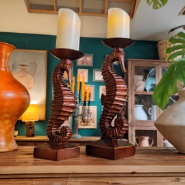 15”H Antique Bronze Seahorse Candle Holder Set of 2 Statue Elegant Home Wedding Decor Coastal Nautical Theme Presents for Sea Marine Lovers