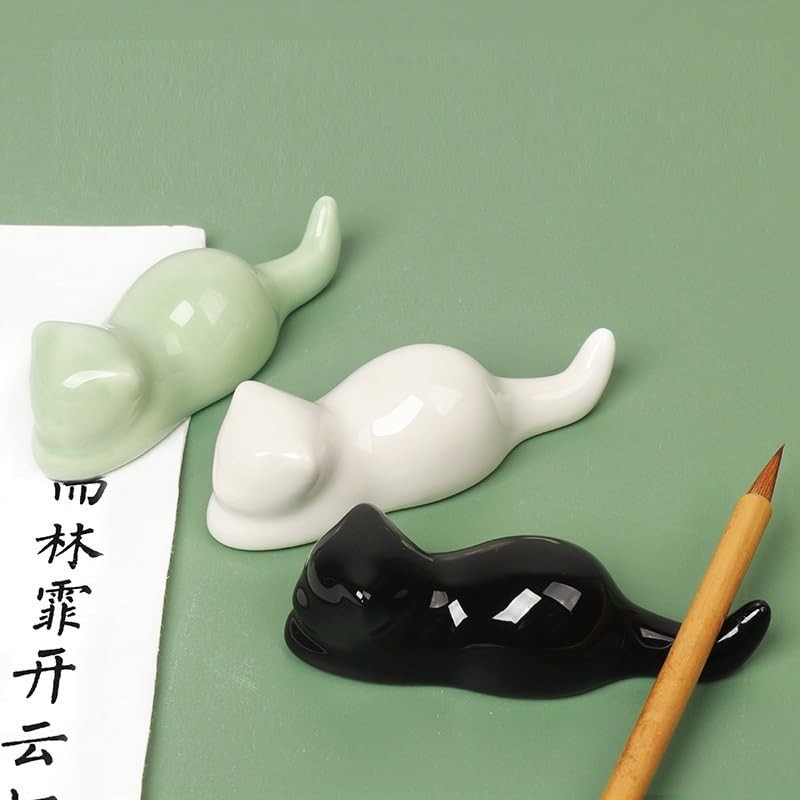 Isshinsai Brush Holder Cat Paperweight Celadon Pottery - Gift for
